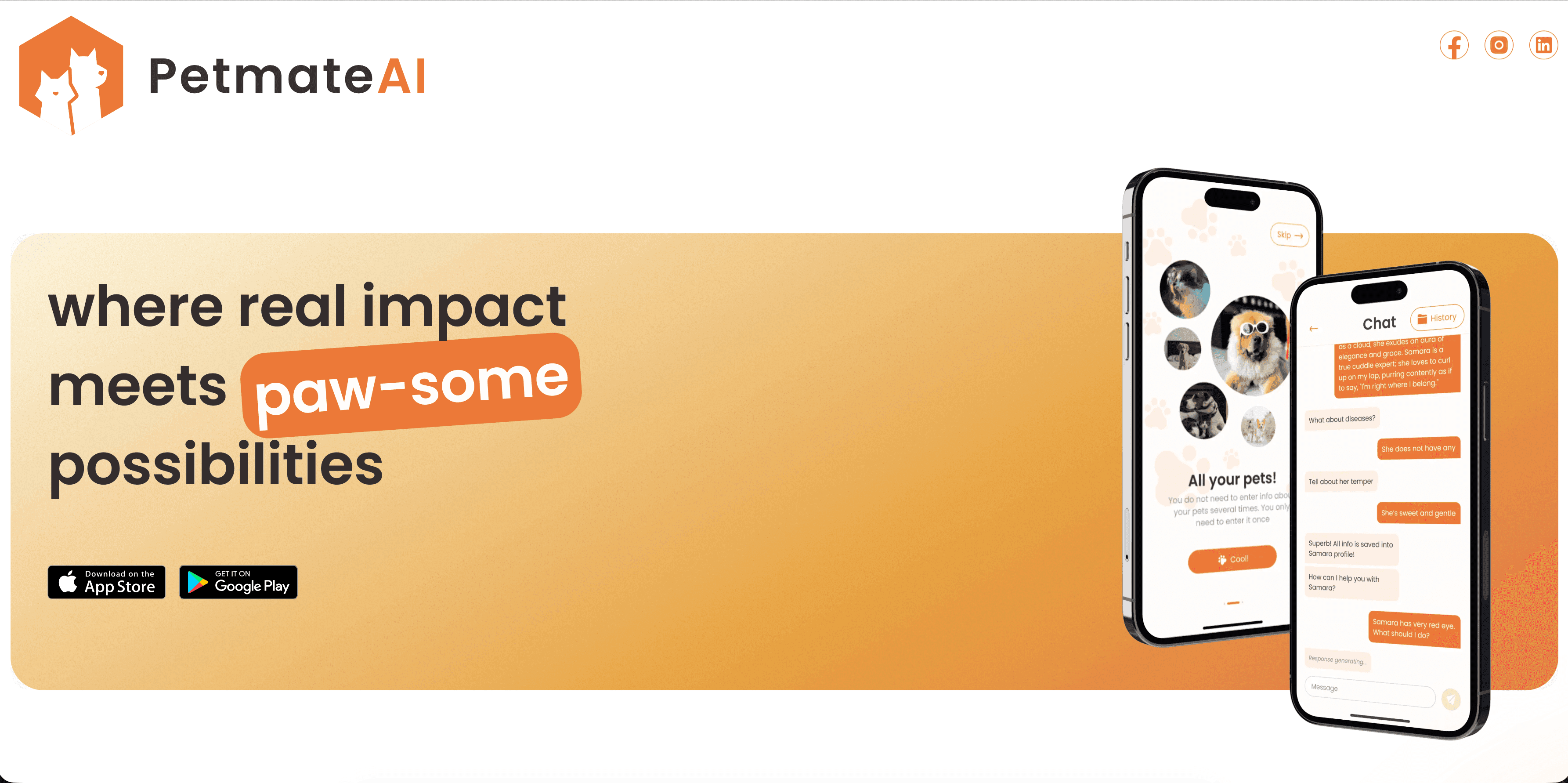 Petmate AI landing page preview with app mockups